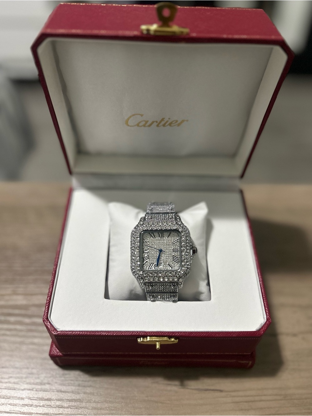 Cartier Silver-Tone Diamond Pavé Watch with Blue Hands